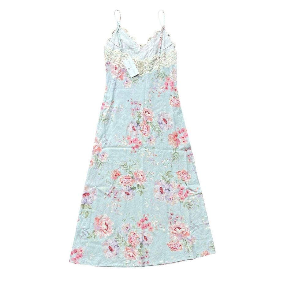 Caroline Constas Linen Blend Floral Maxi Slip Dress Size M Lace Trim Bias Resort - Picture 12 of 13